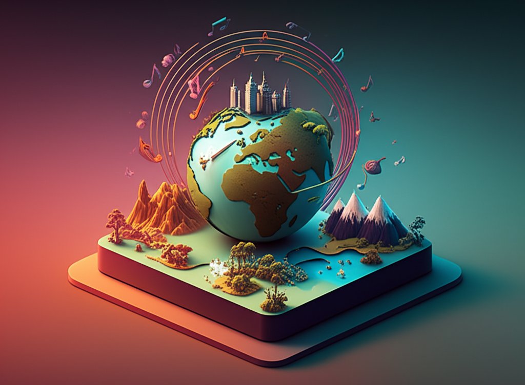 World map with diverse instruments: a global journey exploring regional music sounds.